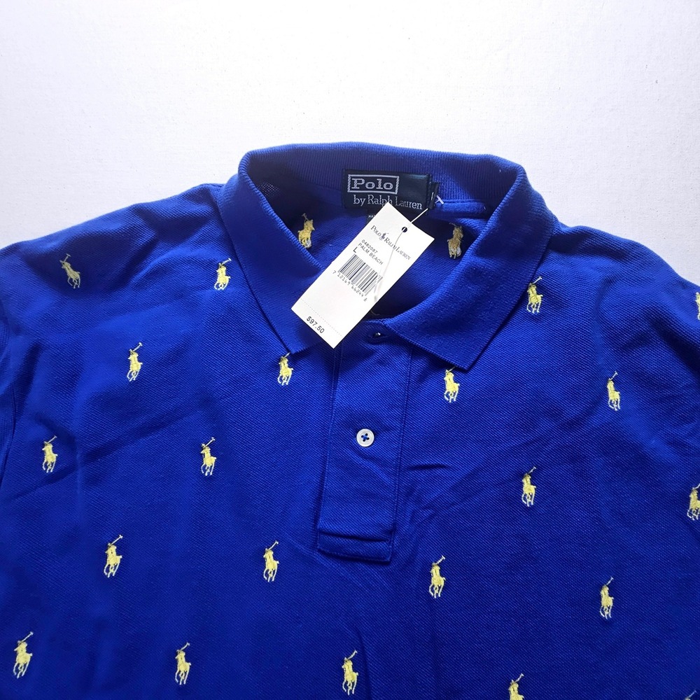 Polo Ralph Lauren Mens Blue Yellow All Over Pony Embroidered Pique Polo L NWT
